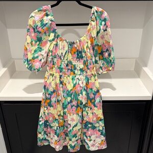 Gap Puff Sleeve Linen-Blend Floral Mini Dress in a multicolored abstract print